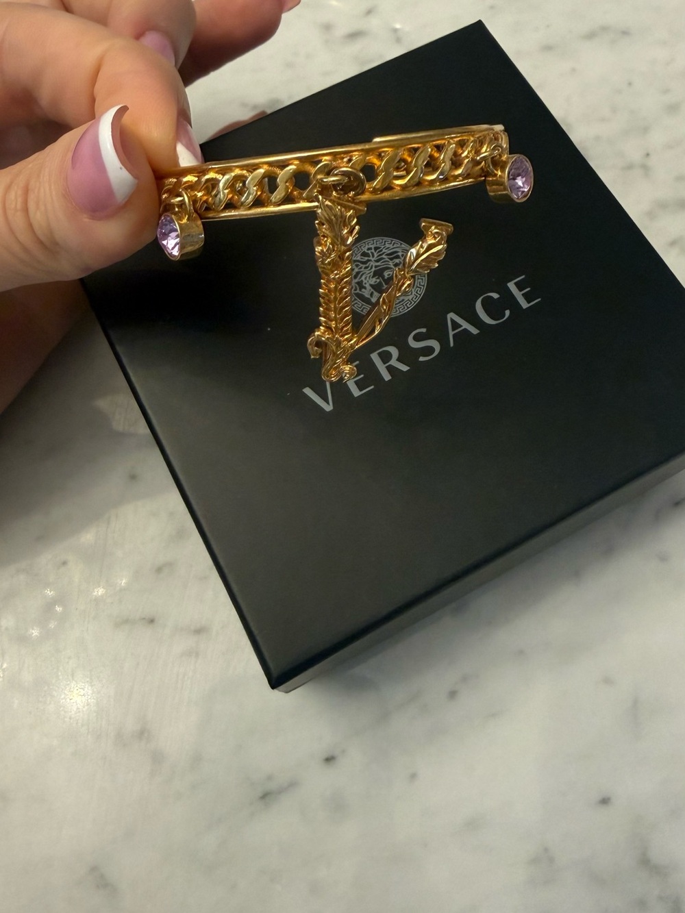 Versace Gold-tone V Bracelet with Light Pink Crystals